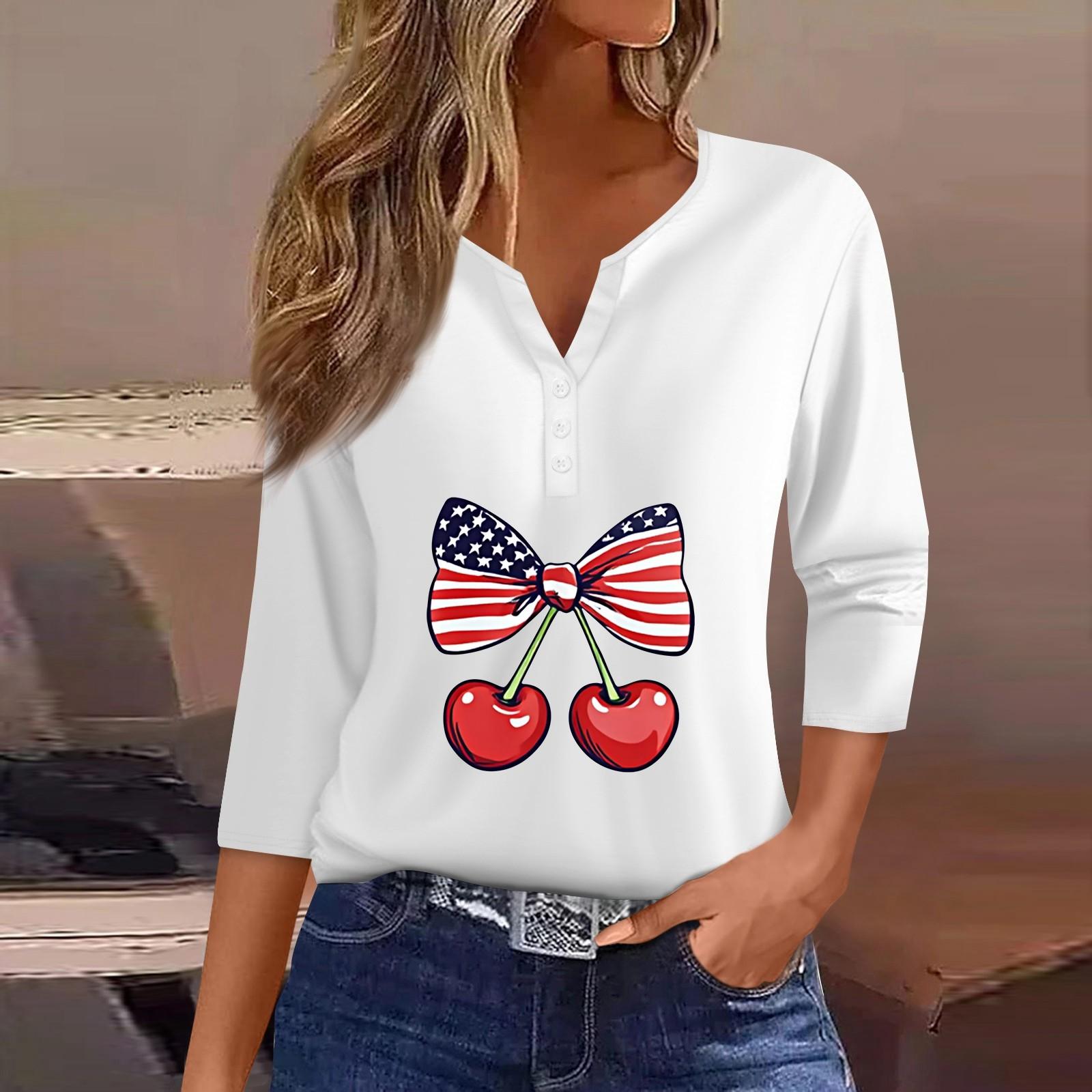 

Жен. Футболка Футболка С принтом Пуговицы Рукав 3/4 Повседневные Выходные Мода Классический V-образный вырез Обычный Топ XXL белый