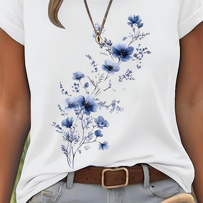 

Watercolor clean floral pattern printed short sleeved round neck T-shirt, casual women s clothing for spring and summer S