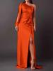 2026 Summer New European and American Women's Clothing Diagonal Collar Shoulder Sleeve Pleated Waist Split Sexy Dress