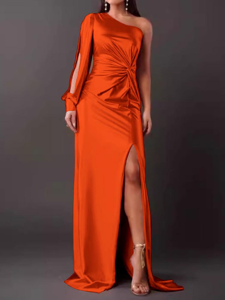 2026 Summer New European and American Women's Clothing Diagonal Collar Shoulder Sleeve Pleated Waist Split Sexy Dress