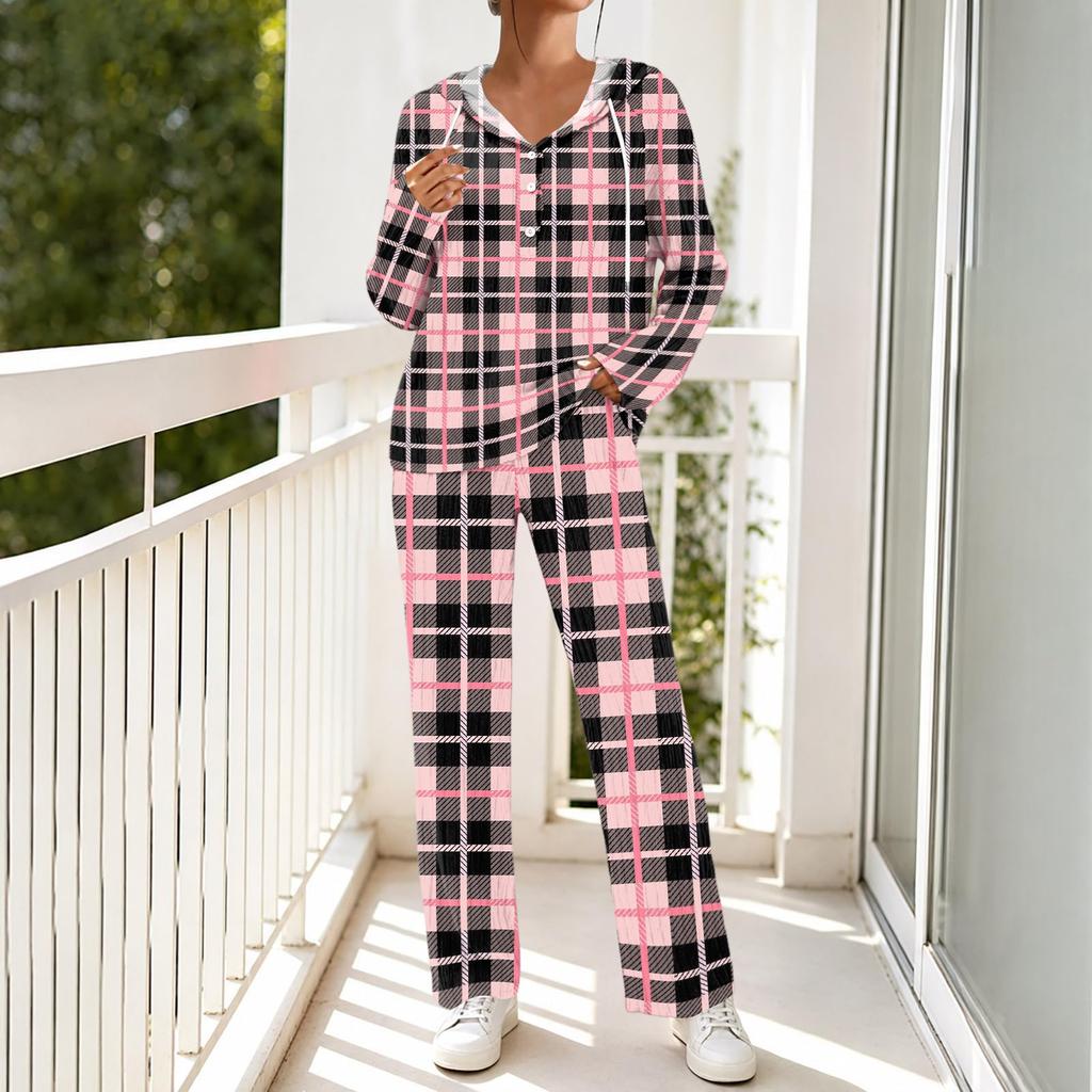 Women's V-Neck Printed Long Sleeve Hoodie Loungewear Set with Pockets - Loose Fit 2 Piece Casual Sleepwear Pajama Set for Home