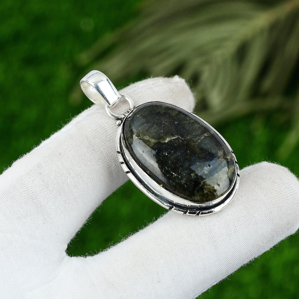 Oval Labradorite Stone Sterling Silver Bezel Artisan Sister Boho Wedding Pendant
