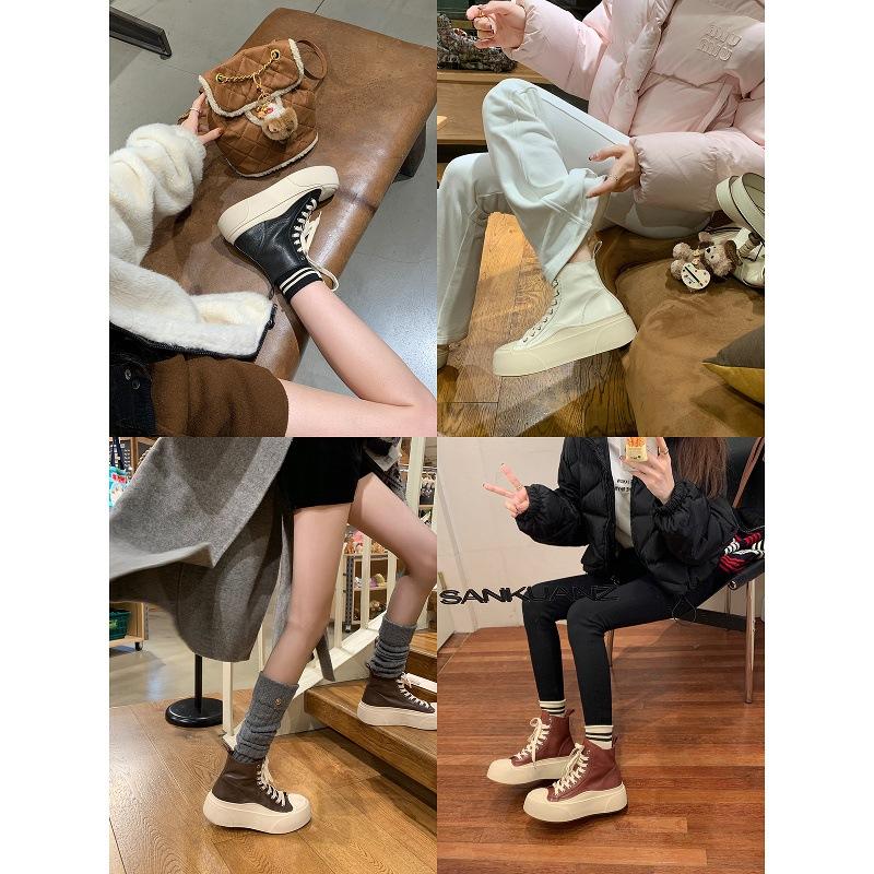 Cowhide Version~ Same Leather Round Head Platform Martin Boots Women's Short Boots High-top Casual Little White Shoes Women's Board Shoes
