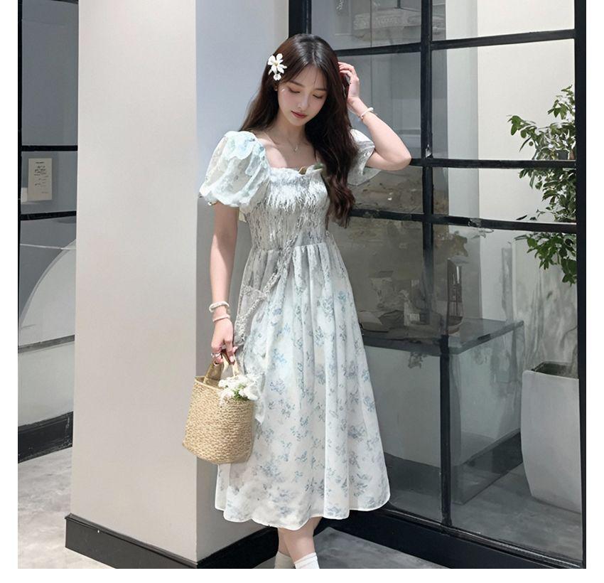 Elegant French Floral Bubble Sleeve Summer Dress