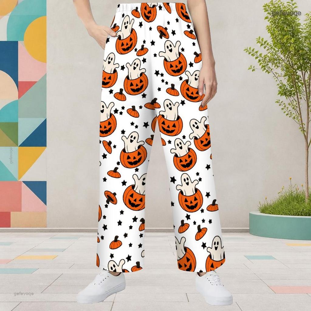 Girls White Halloween Cartoon Printed Wide Leg Long Pants