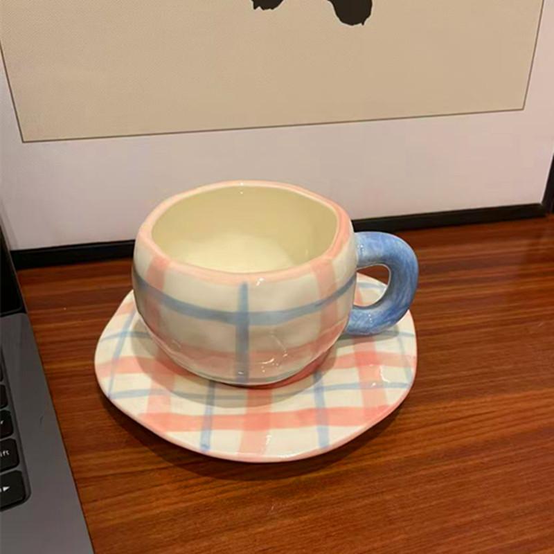 Korean Ins Style Hand-painted Love Ceramic Cup and Saucer Couple, Underglaze Color Irregular Coffee Cup and Saucer Afternoon Tea