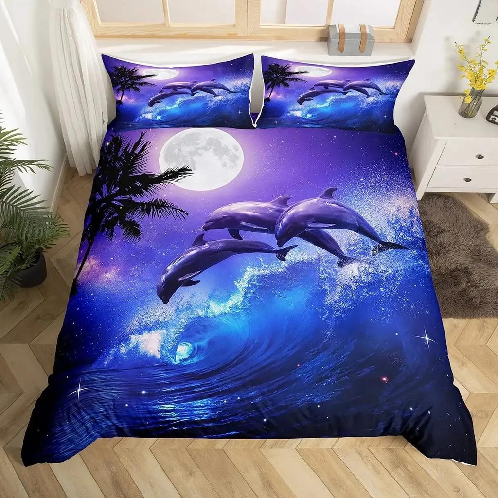 Blue Sea And Galaxy Duvet Cover Set Full,3D Whale Ocean Creatures Bedding Sets Space Starry Mysterious Nebula Comforter Cover