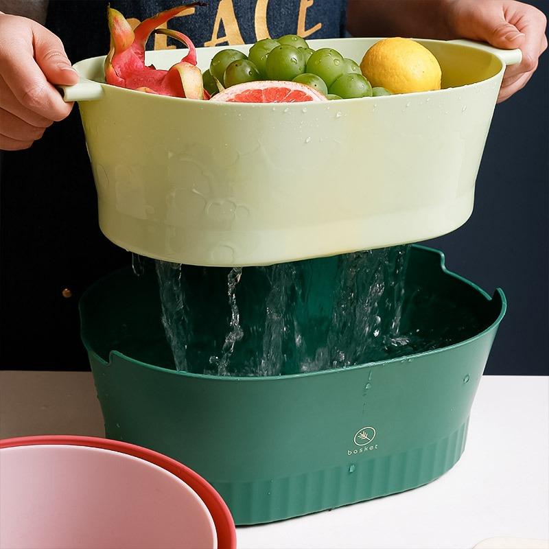 Large Thickened Removable Fruit Vegetable Washing Basin Household Double-Layer Cleaning Plastic Drain Storage Basket For Kitchen