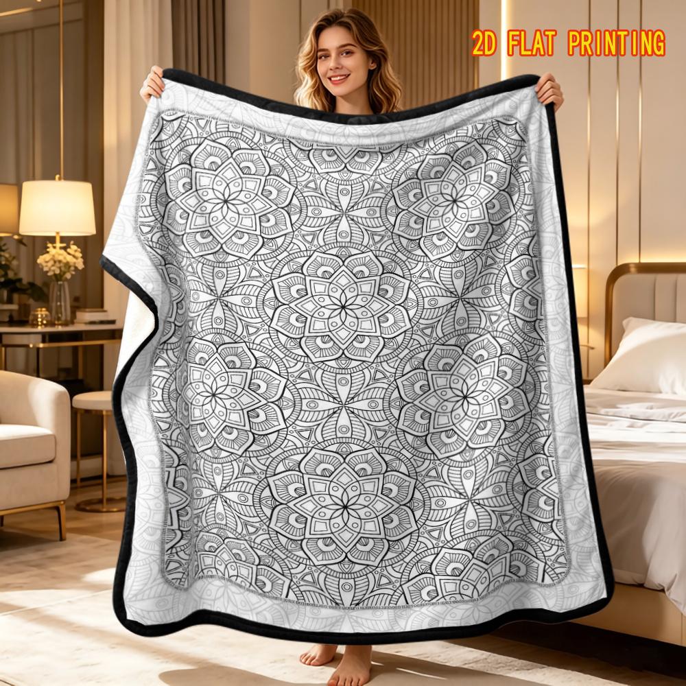 1pc Coloring Stress Relief Hand-Drawn Style Blanket - Multi-Set Mandala Floral Flanel Blankets, Uniformly Arranged Same Size Mandalas, Regular Repetit