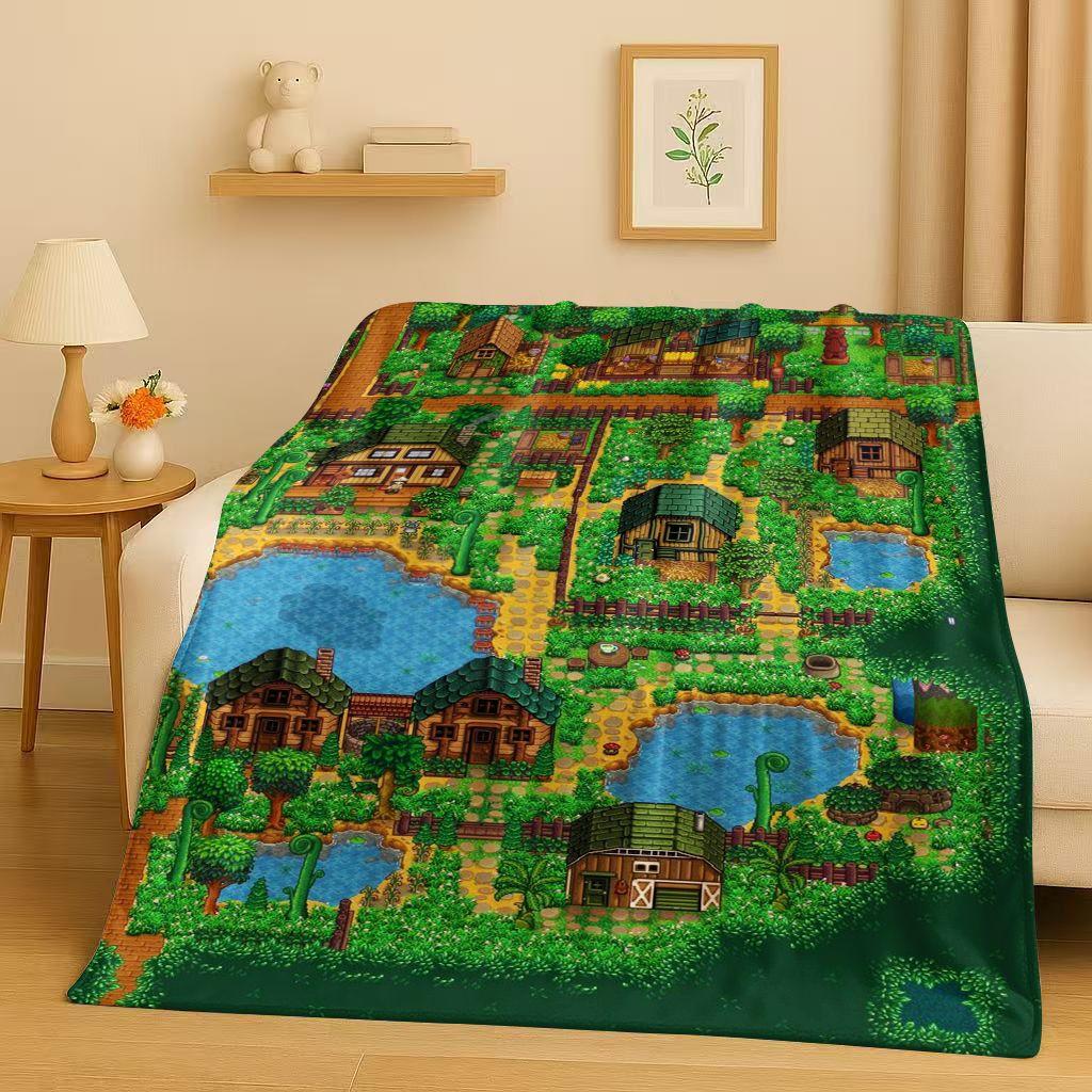 3D Retro Stardew Valley Farm Map Pixel Game Flannel Blanket,Ultra Soft Warm Plush Throw for Home Bedroom Bed Sofa Cover Kid Gift