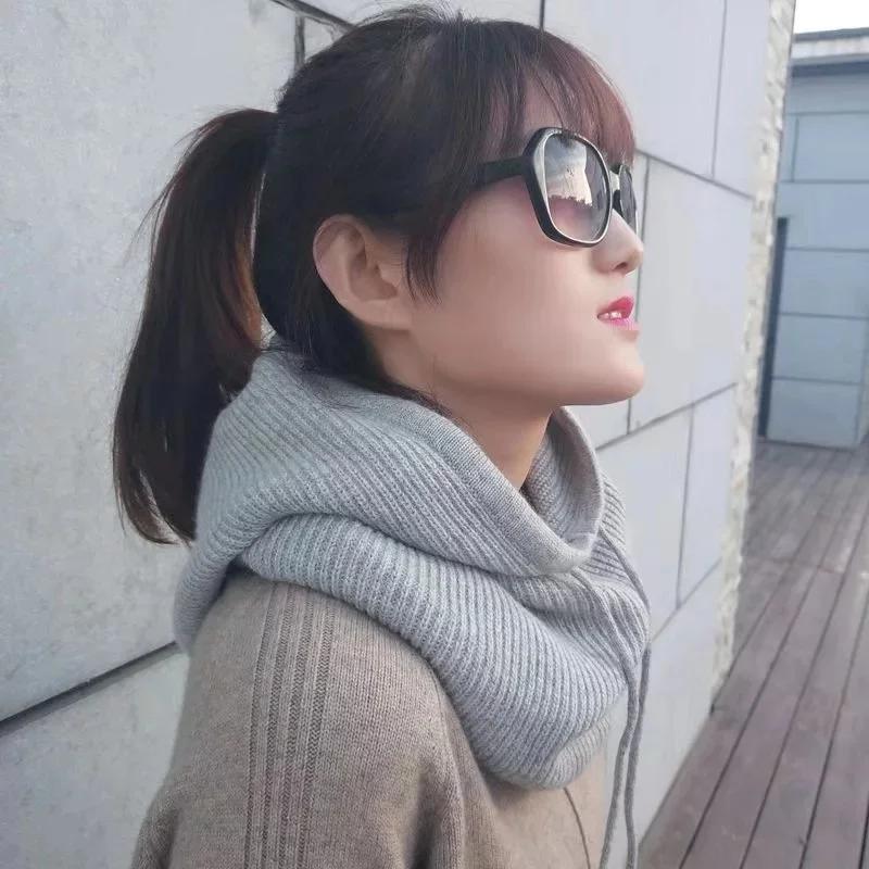 Women Winter Hat Female Knitted Hooded Scarf for Women Windproof Warm Windproof Wool Cap