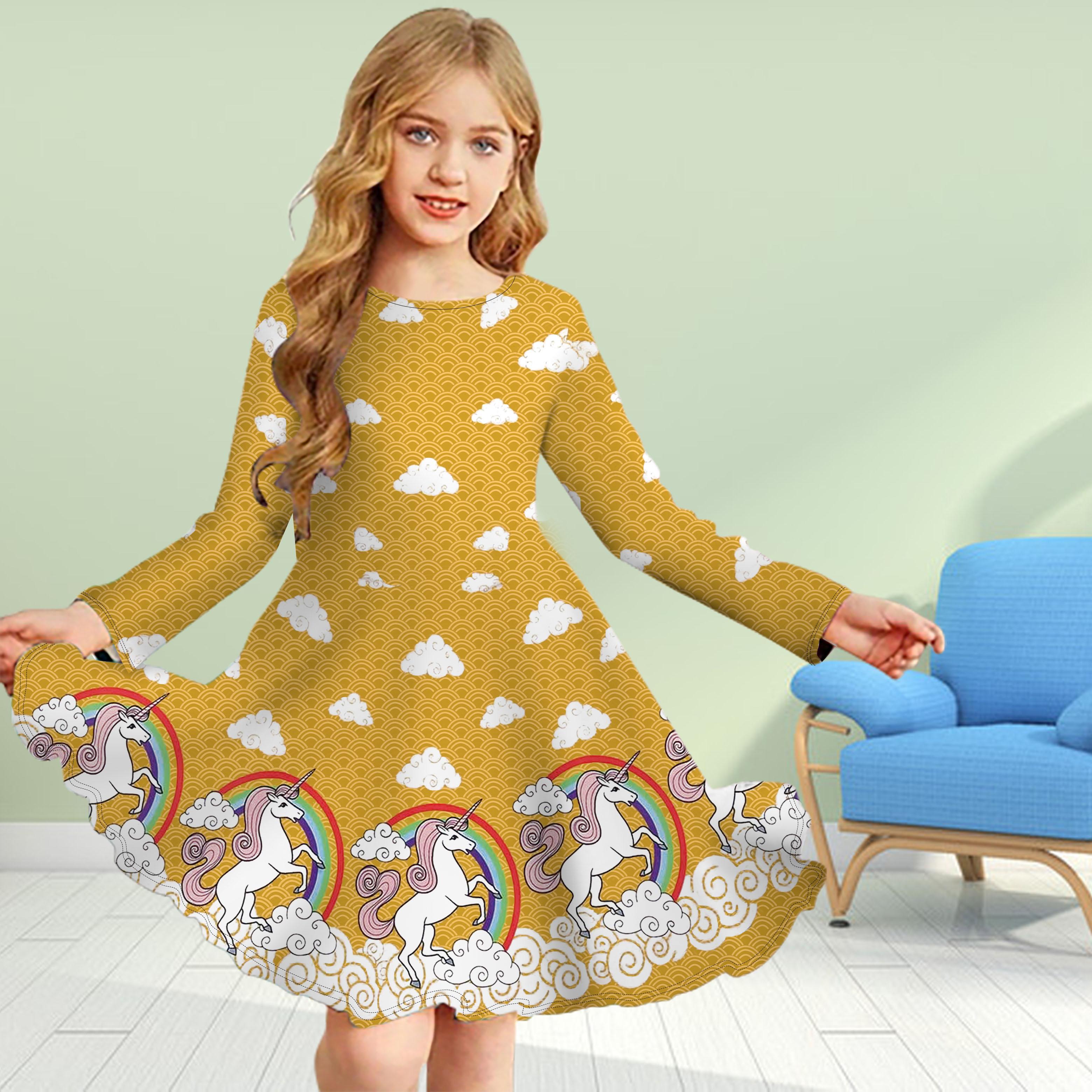 

Повседневное платье для девочек с 3D-принтом, розовым леденцом, круглым вырезом и длинными рукавами, детское платье принцессы 140 жёлтый