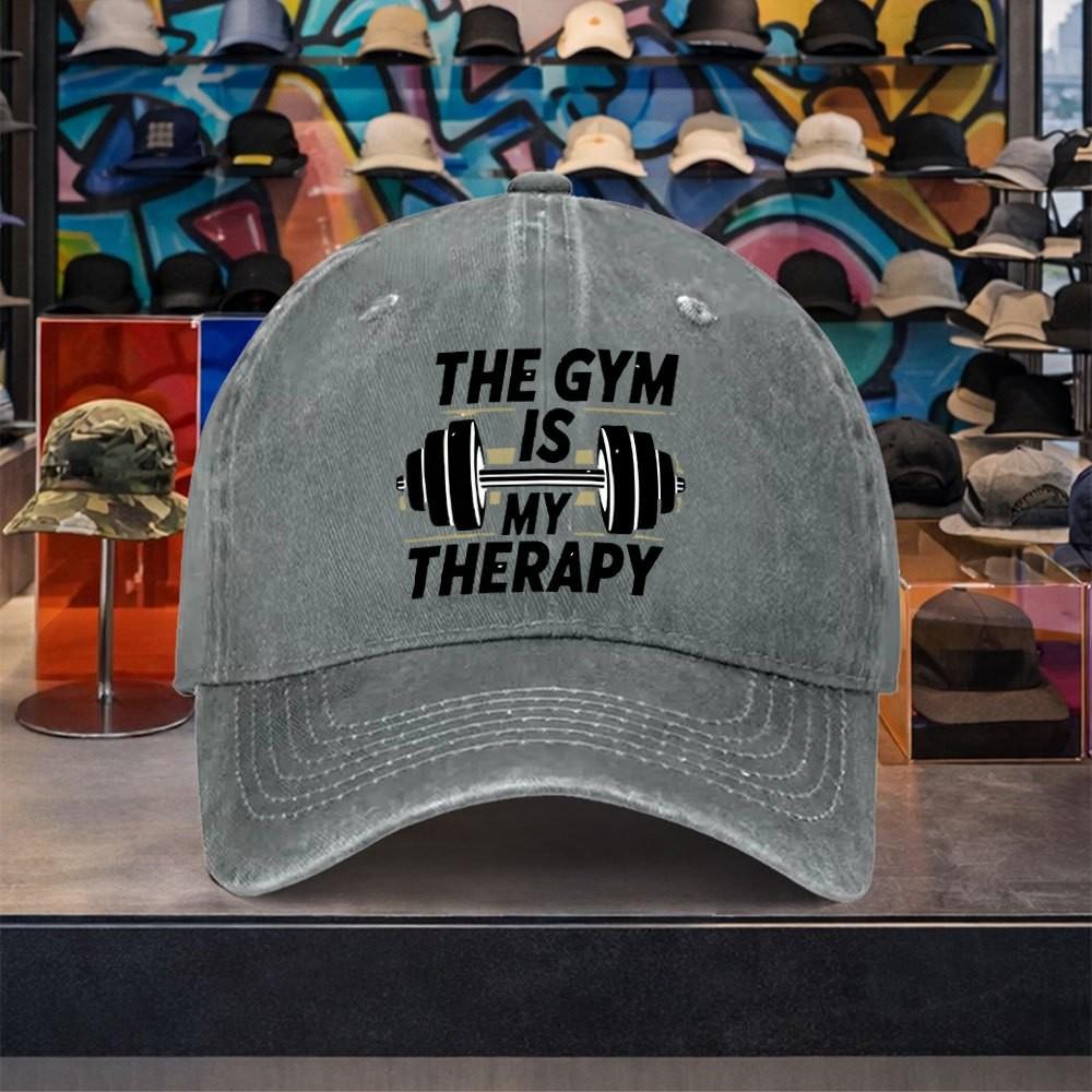 Gym Is My Therapy Fitness Graphic Washed Baseball Cap Adjustable Casual Cotton Outdoor Hat