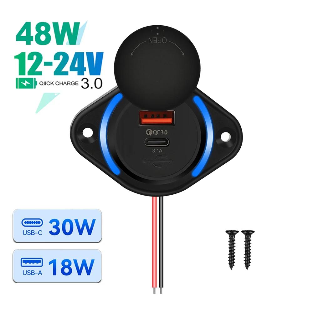 3.1A PD QC3.0 Dual Ports Phone Charger Panel Type C USB Power Socket with LED Light For 12V-24V Car Boat Bus Chair Waterproof