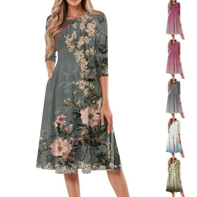 Women's Casual Fashion Round Neck Three Quarter Sleeve Print Midi Dress