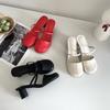 Fashion New Red Black Round Heel Minimalist Sandals Summer Women's Coarse Solid Color Fashionable French High-heel Slippers Size 39