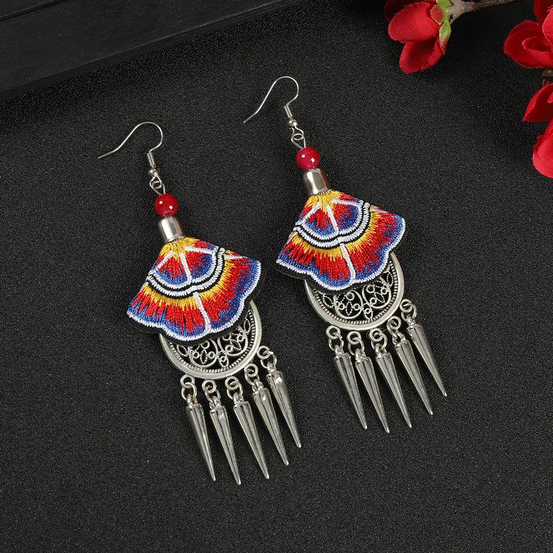 Yunnan embroidered fabric earrings long fringed personalized earrings Chinese retro Miao silver earrings women