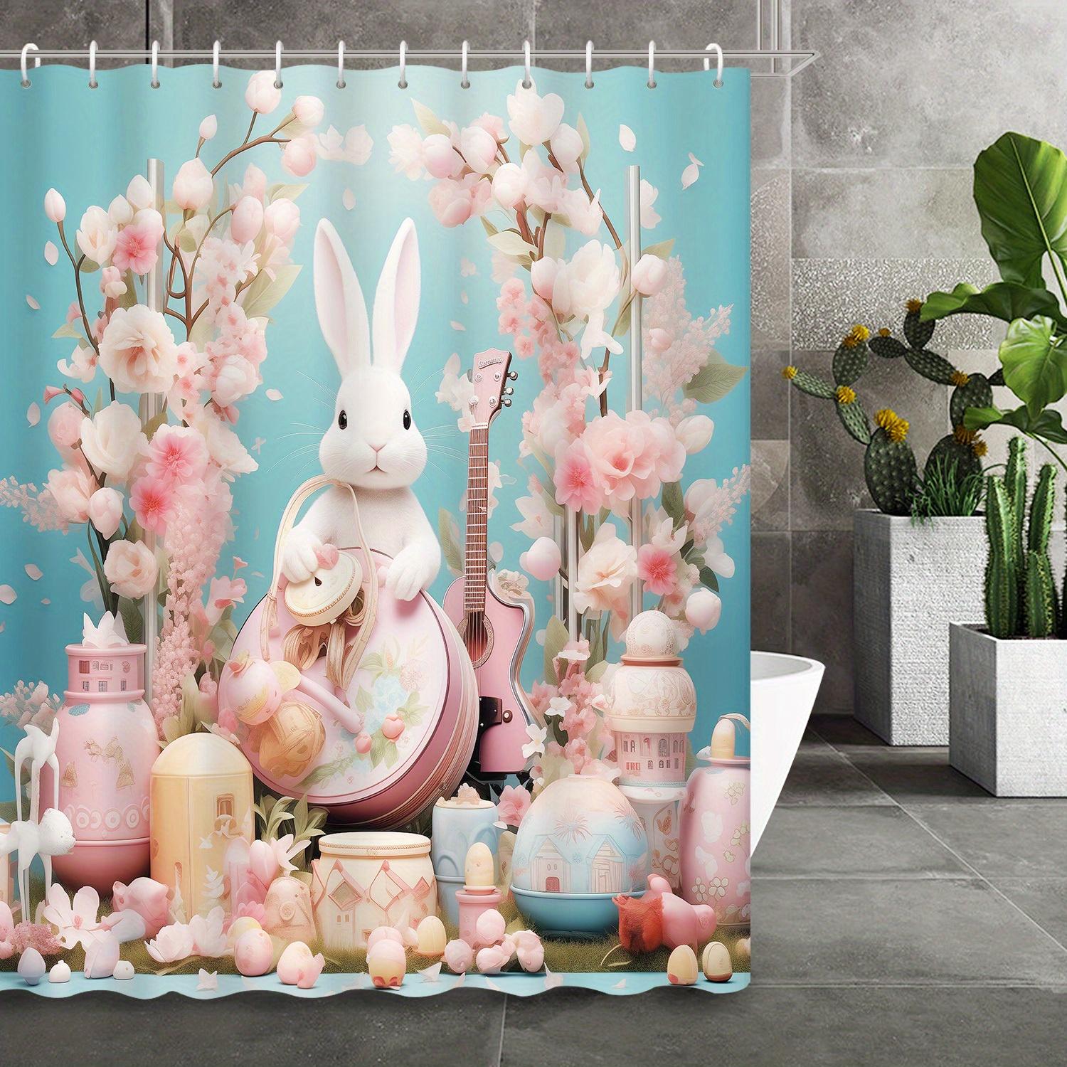 

Romantic Pink Floral Bunny Shower Curtain, 12 Hooks Included, Cute Cartoon Print For Bathroom Decor W60H190(CM)-1 Pcs