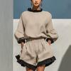 Women S Two Piece Set Hoodie And High Waist Shorts With Ruffle Hem