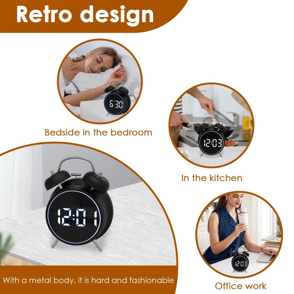 Digital Alarm Clock Metal Double Bell Bedside Alarm with LED Display Silent Table Clock for Heavy Sleepers Adults Kids Xmas Gift
