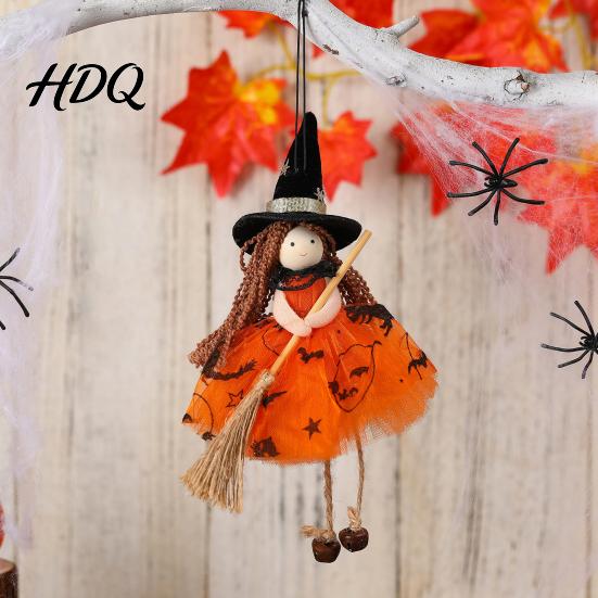 Durable Halloween Witch Figure Doll with Broom Small Hanging Figurine Home Decoration