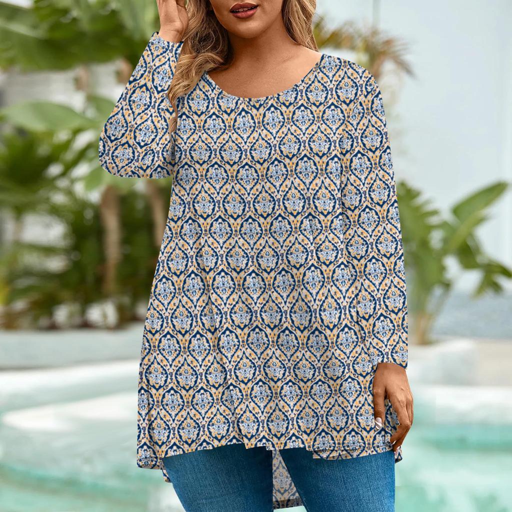 Women's Fashion Large Size Round Neck Long Sleeve Casual Print Loose Pullover Top