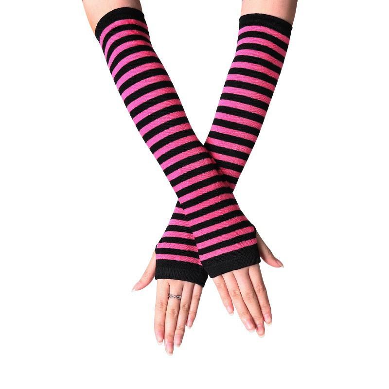 Men Women Winter Warm Long Sleeves Fingerless Gloves, Stripe Hip-Hop Knitted Elbow Mittens, Elastic Outdoor Arm Warmer Mitts