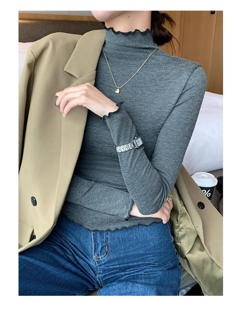H360 Women's Lace Knit Ruffle High Neck Slim Fit Base Layer for Autumn/Winter