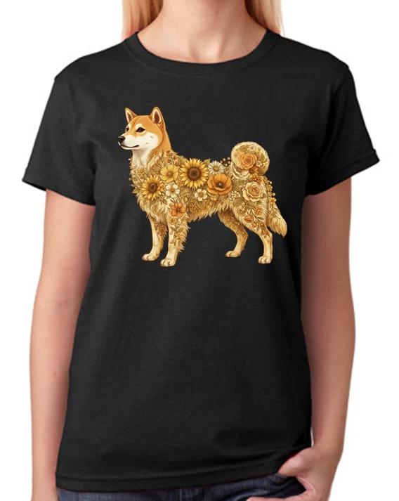 Floral Shiba Inu Dog Artwork Ladies T-Shirt Cute Pet Art Tee XS