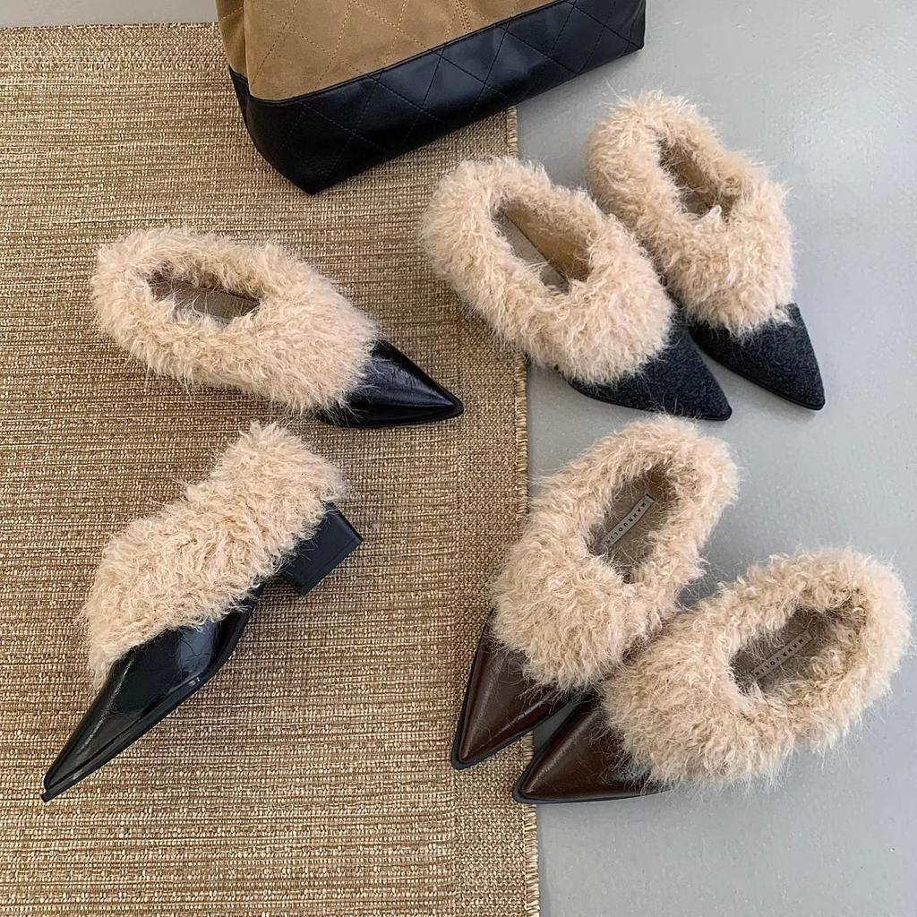 Premium pointed curly small leather shoes retro one-pedal fluffy single shoes middle heel family thermal cotton shoes
