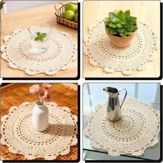 2 PCS Doily Round Crochet Beige Dollies for Tables Lace 13 Inch Round Cotton Crochet Doilies Handmade Lace Placemats Knitted Tablecloth for Home