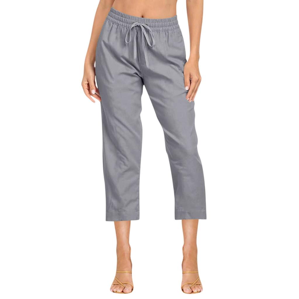 Ensfarget bomulls- og linbukser for kvinner Løs 7-punktsbukse med lommer