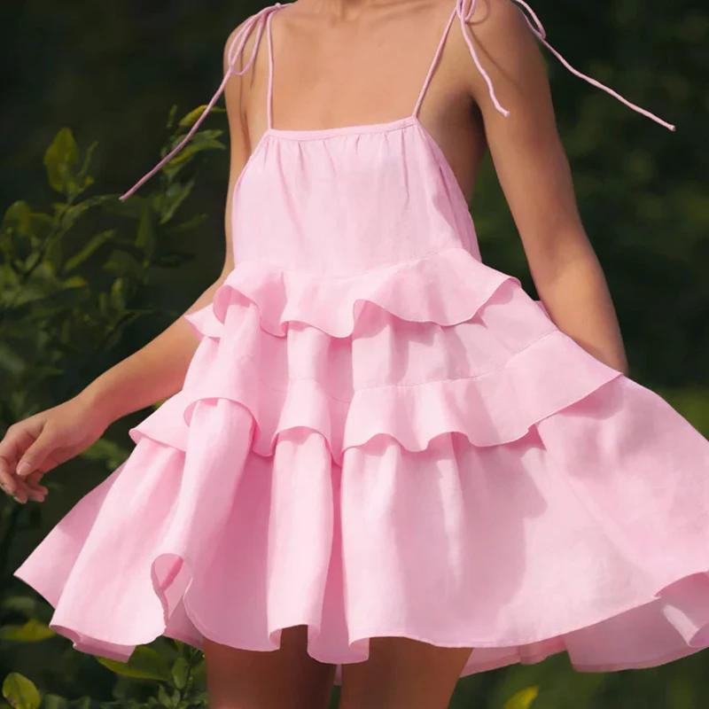 

Жіночі вечірні сукні з солодкими воланами, без рукавів, без спини, короткі пляжні сукні, літній жіночий халат L рожевий