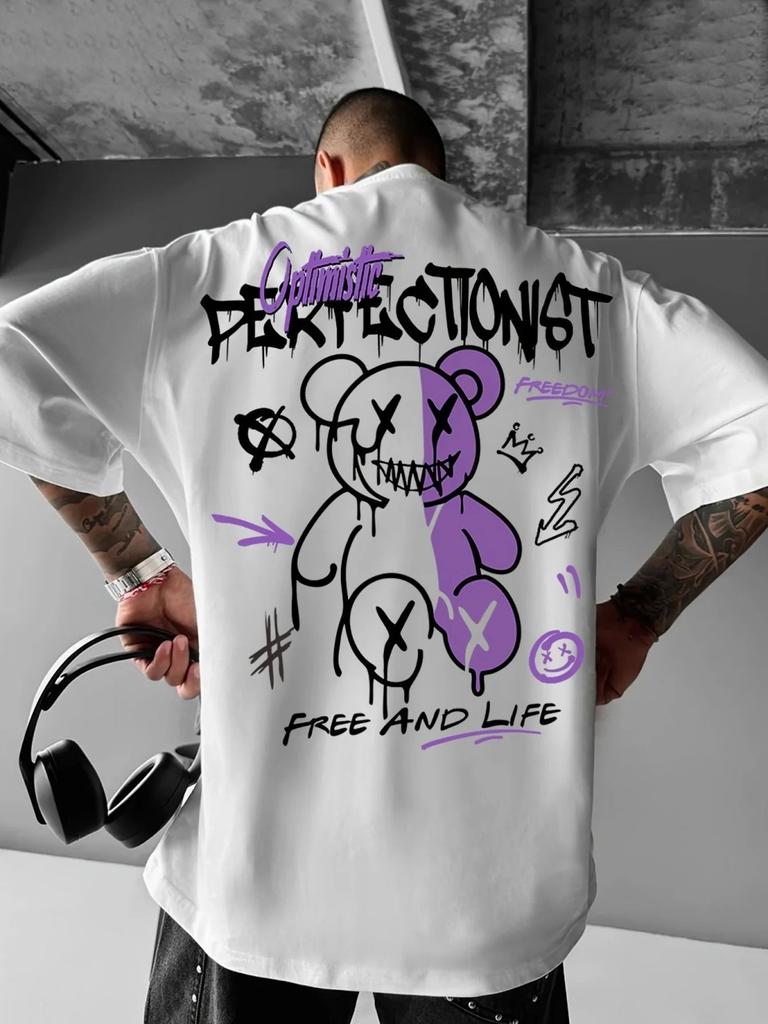 Summer New Mens Teddy Bear Graffiti Print Comfortable and Breathable Round Neck Tshirt This Is an Outdoor Versatile Street St
