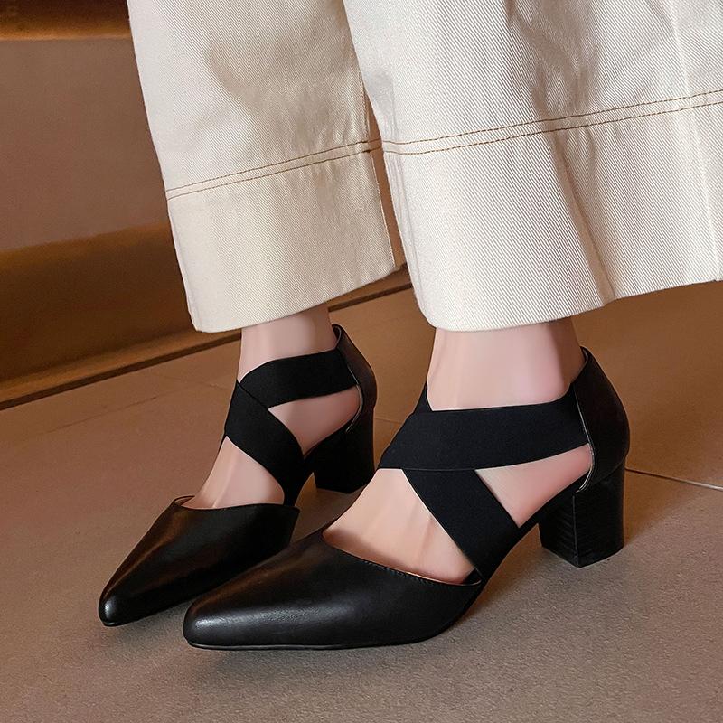 ~ Vintage Ballet~ 2025 Spring/Summer Instep Cross Elastic Band Thick Heel Women's Sandals Elegant Hollow High Heels Sandals