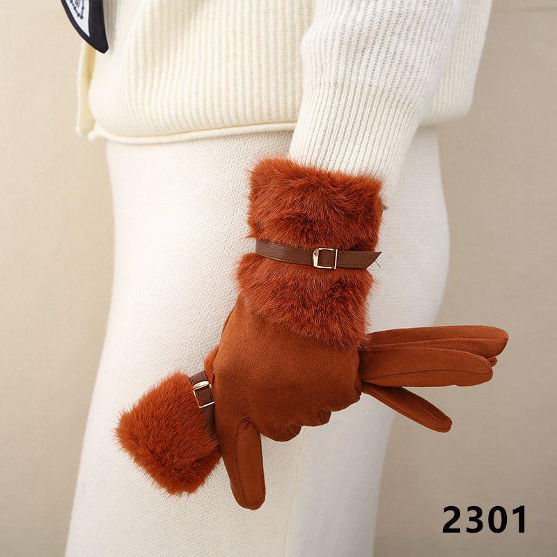Women's Warm Suede Gloves with Faux Mink Fur and Buckle