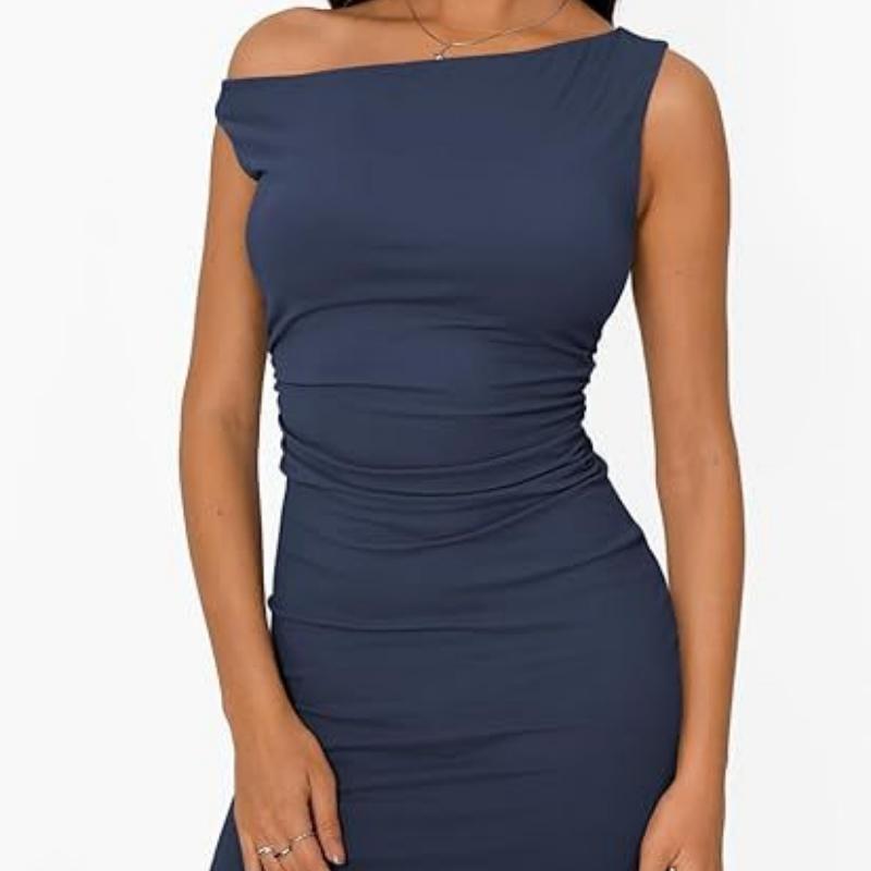 Women's off-shoulder neckline, gathered waist sleeveless bodycon dress