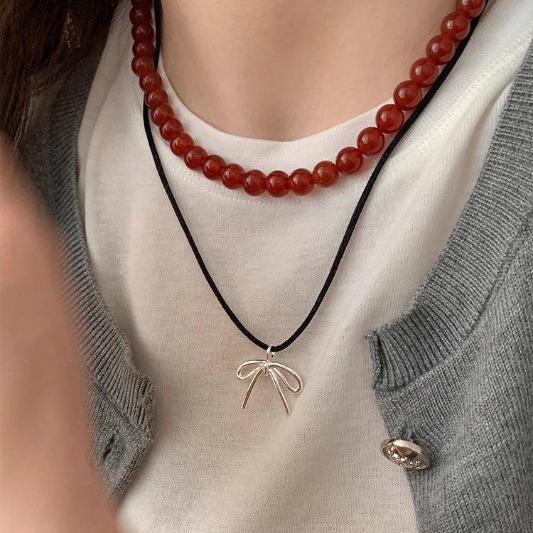 S925 Sterlingsilber Roter Achat Damen Halskette - Chinesisches Neujahr & Weihnachten Perlen Pulloverkette