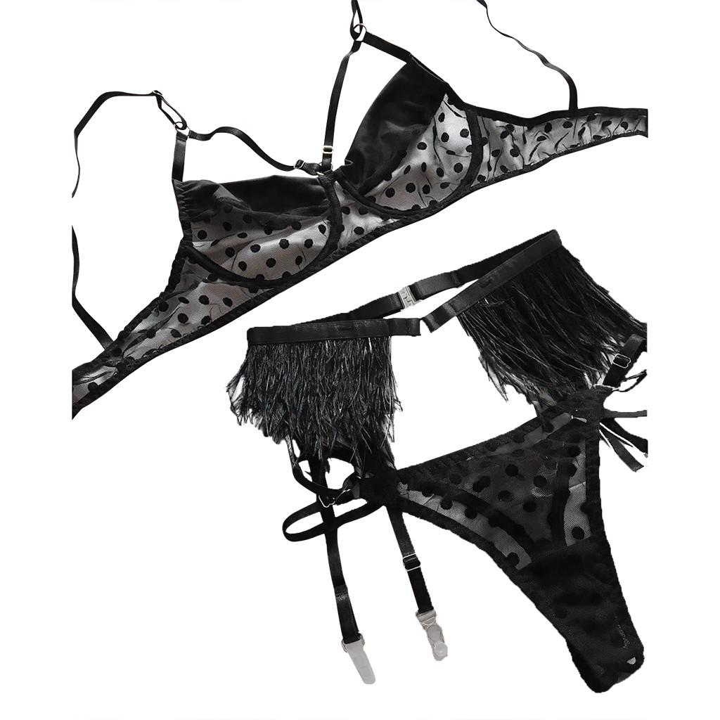 Sexy Exquisite Lace Lingerie Bra+Garter+Briefs Set Babydoll Cut-Out Sleepwear