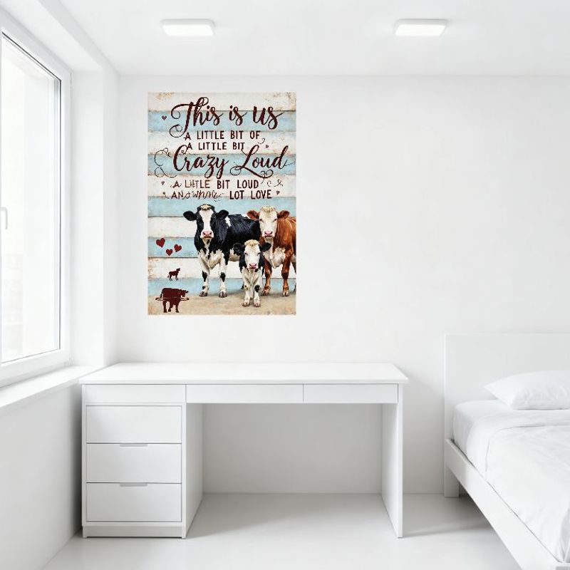 'This Is Us' Rustic Wooden Plank Style Metal Sign with Cows & Love Text, Family Farm Life Wall Decor Tin Sign for Home Cafe Bar