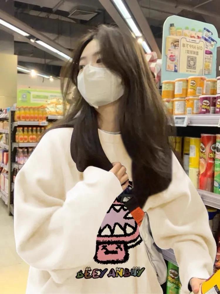 Women's Oversized Round Neck Pullover: 2025 Spring/Autumn/Winter, Loose Fit, Plus Velvet.