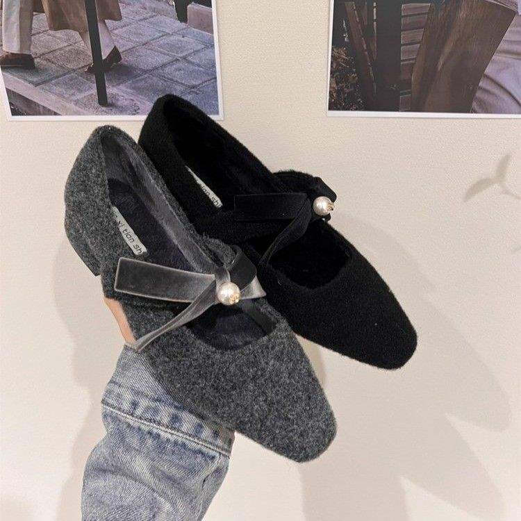 Mao Mao shoes women wear small fragrant woolen thick heel square head Mary Jane shoes feel retro gray velvet single shoes