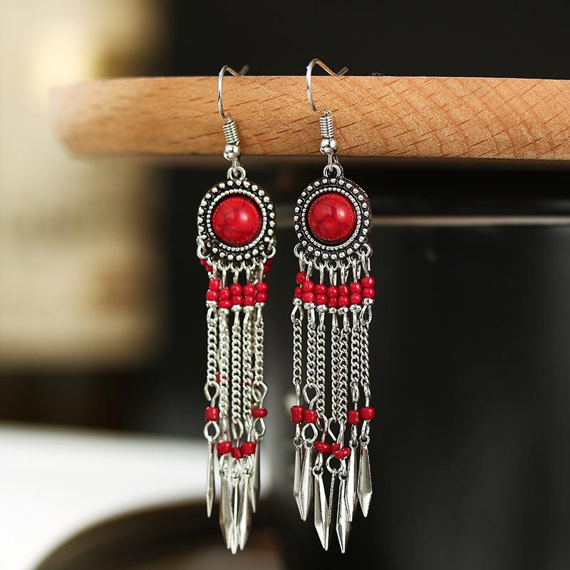 Bohemian Long Tassel Earrings For Women Handmade Zircon Beads Chain Drop Earrings Big Round Resin Stone Dangle Ethnic Earrings красный