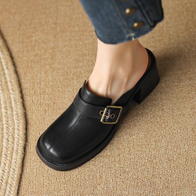Retro Outer Wear Thick-soled Bag Head Half Slippers Women's Belt Buckle Lazy Sandals Thick Heel Non-slip Muffin Bottom Apricot Single Shoes