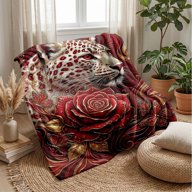 Leopard and Blue Roses Theme blanket Lightweight Warm Flannel Blanket Decorative Throw Blanket for Home Decoration