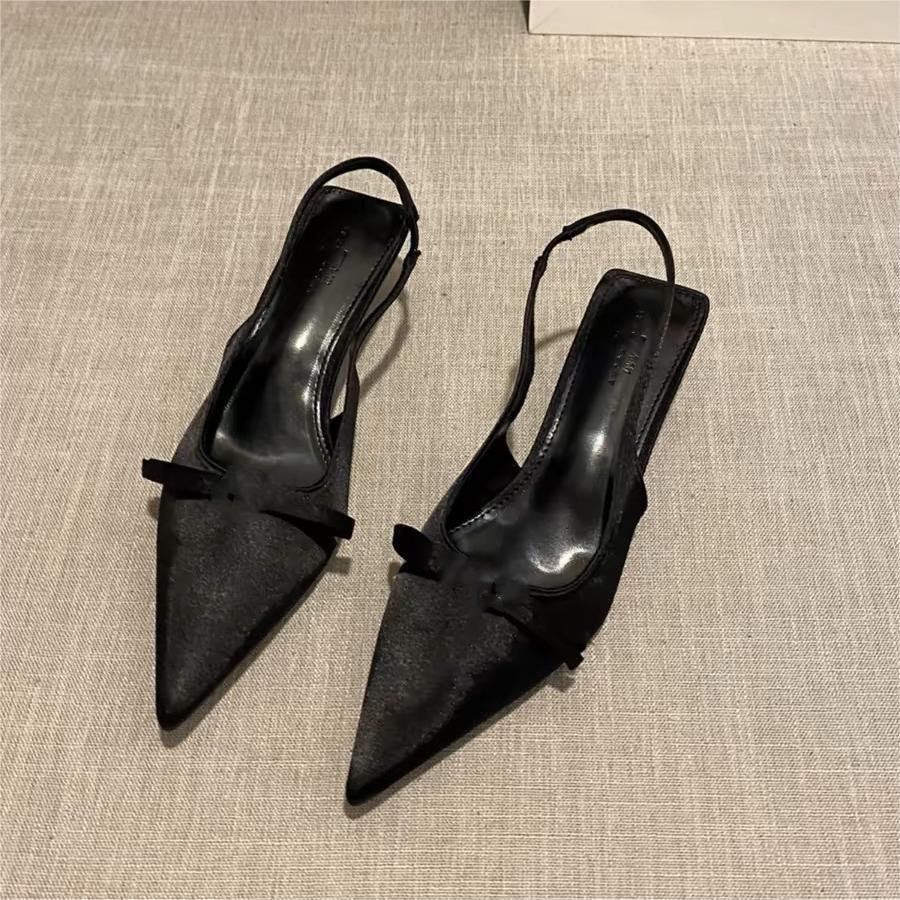 

2025 French bag head sandals thin heel Spice girl pointed head high heels bow word with commuter empty sandals 40 чорний