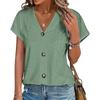 Ladies Summer Short Sleeve V Neck Button Solid Color Jacquard Pullover Hollow T Shirt Top