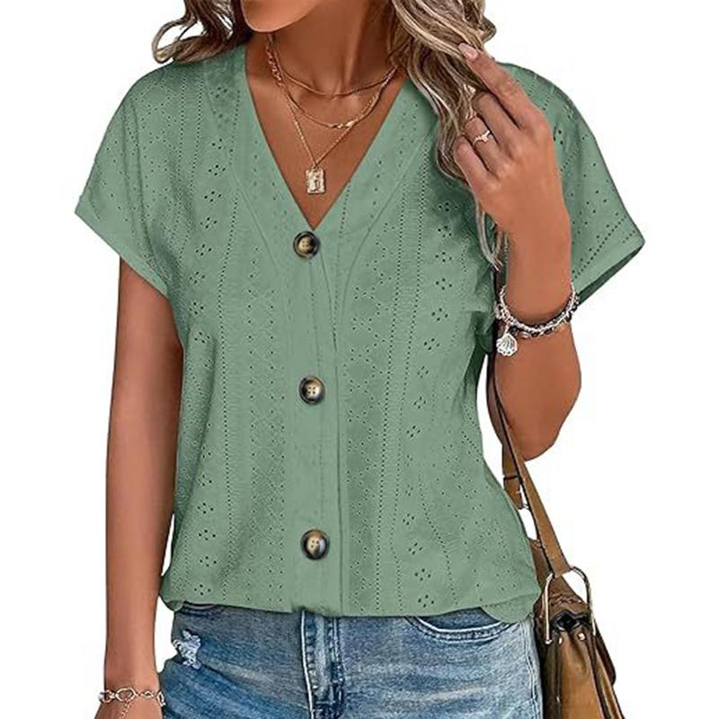 Ladies Summer Short Sleeve V Neck Button Solid Color Jacquard Pullover Hollow T Shirt Top