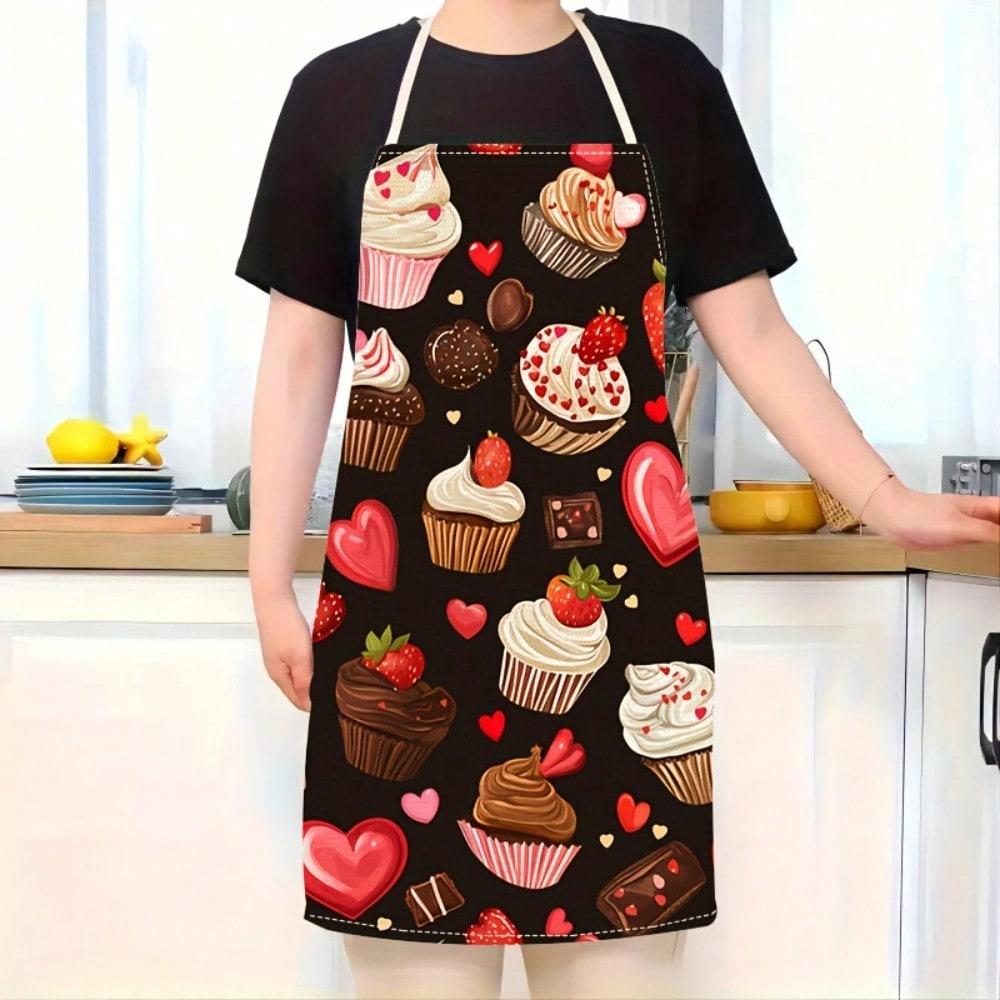 Cute Cupcake Apron, Sweet Heart and Strawberry Print Kitchen Cooking Bib, Novelty Gift for Bakers, Brown Cotton Kitchenwear