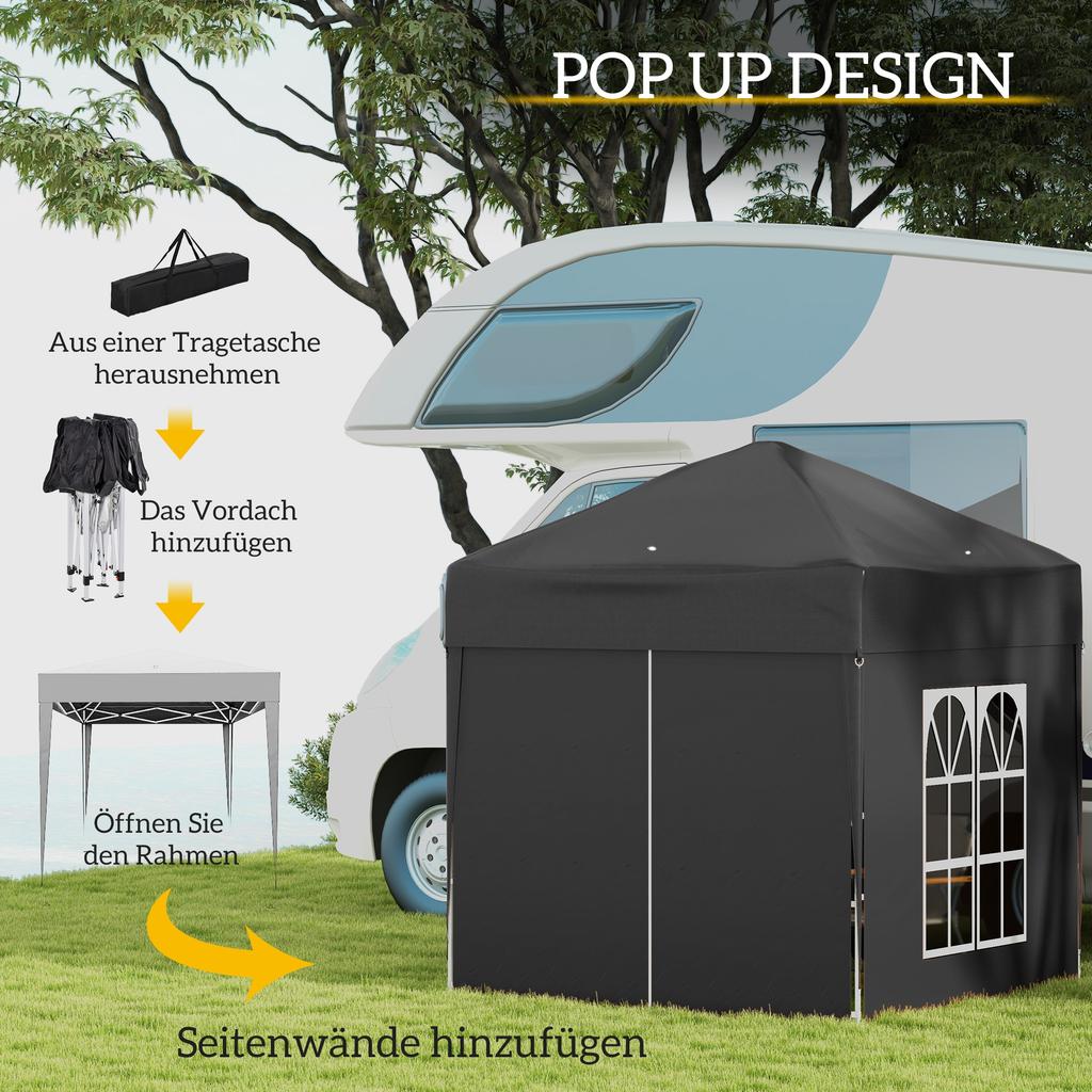 Faltpavillon, Biergartenpavillon, 4 abnehmbare Seitenwände, 2 Fenster, Metallgestell, 2 x 2 m, Schwarz